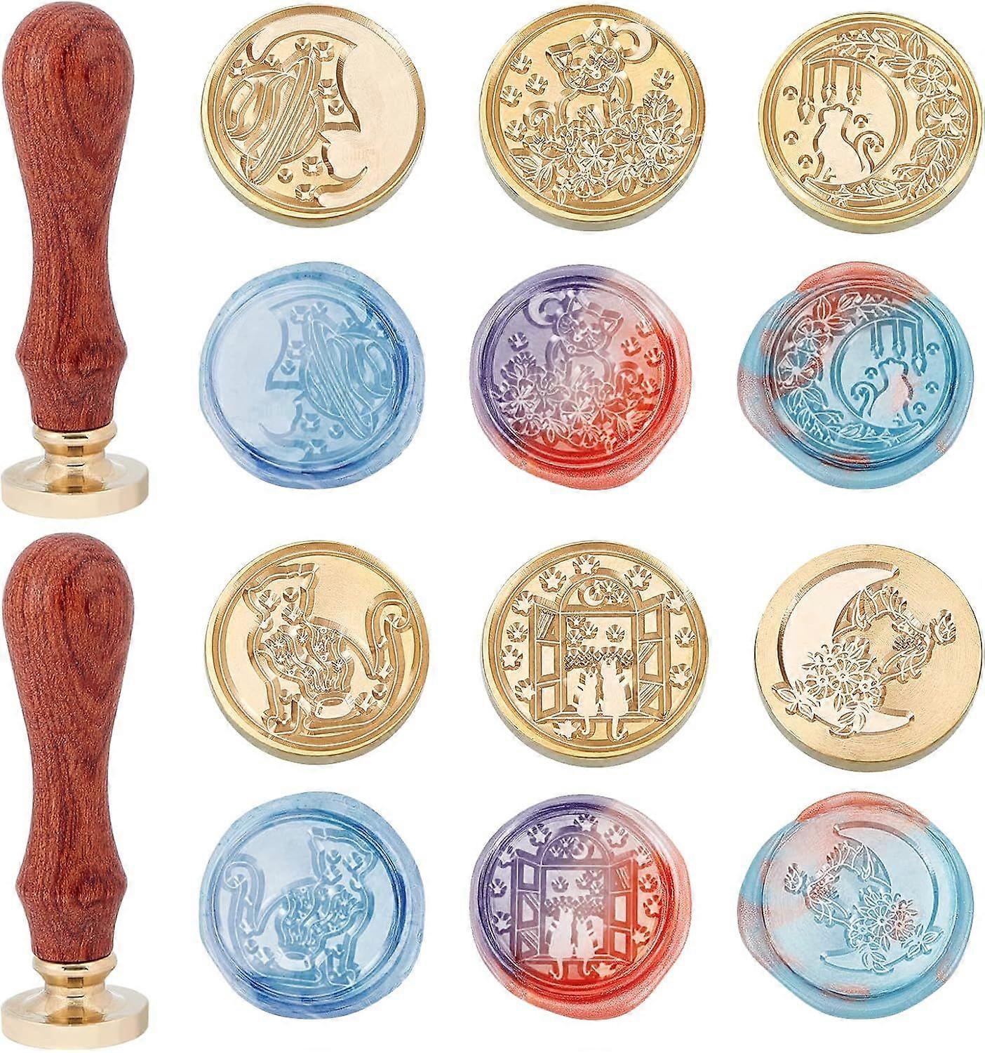 Wax Seal Stamp Kit 6 Pieces Cat Animal Patterns Series Sealing Wax Stamp Heads with 2 Wooden Handle Vintage Seal Wax Stamp Kit for Cards Envelopes Inv