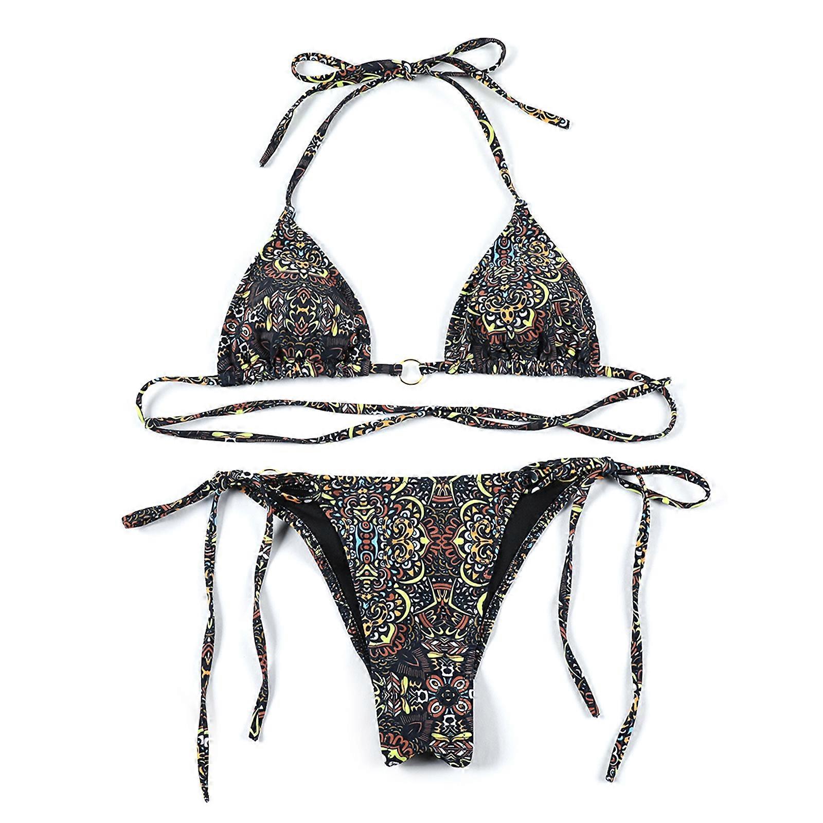 Ensemble de maillot de bain string imprimé vintage Impression vintage Femmes Maillot de bain triangulaire Maillot de bain rembourré Maillot de bain dos nu Maillot de bain 2 S