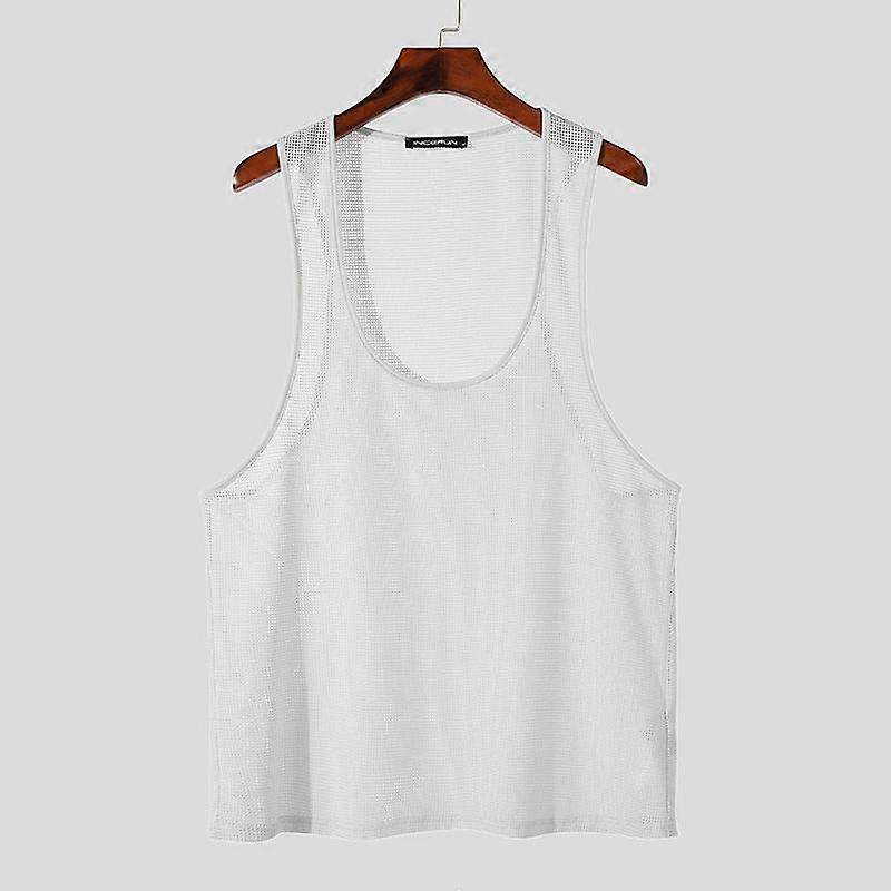 INCERUN Men Sleeveless See Through Hollow Tops Casual Mesh Sheer Vest