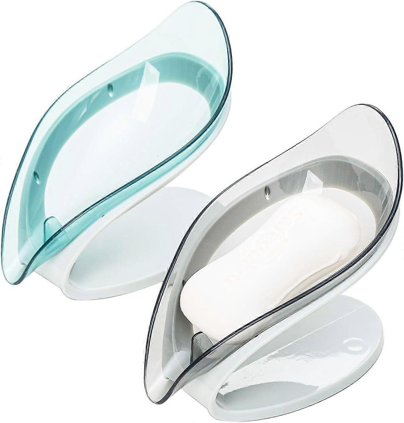 Soap Holder - Not Punched Leaf Shape Soap Box - Self Draining Soap Holder with Draining Tray for Shower Bathroom Kitchen (Grey and Blue)