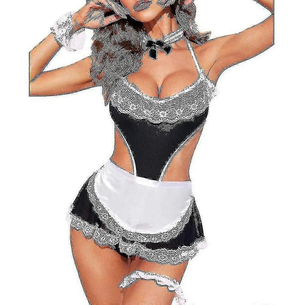 Women Maid Cosplay Lingerie Lace Halter Nightdress Thong Set Sexy Costume