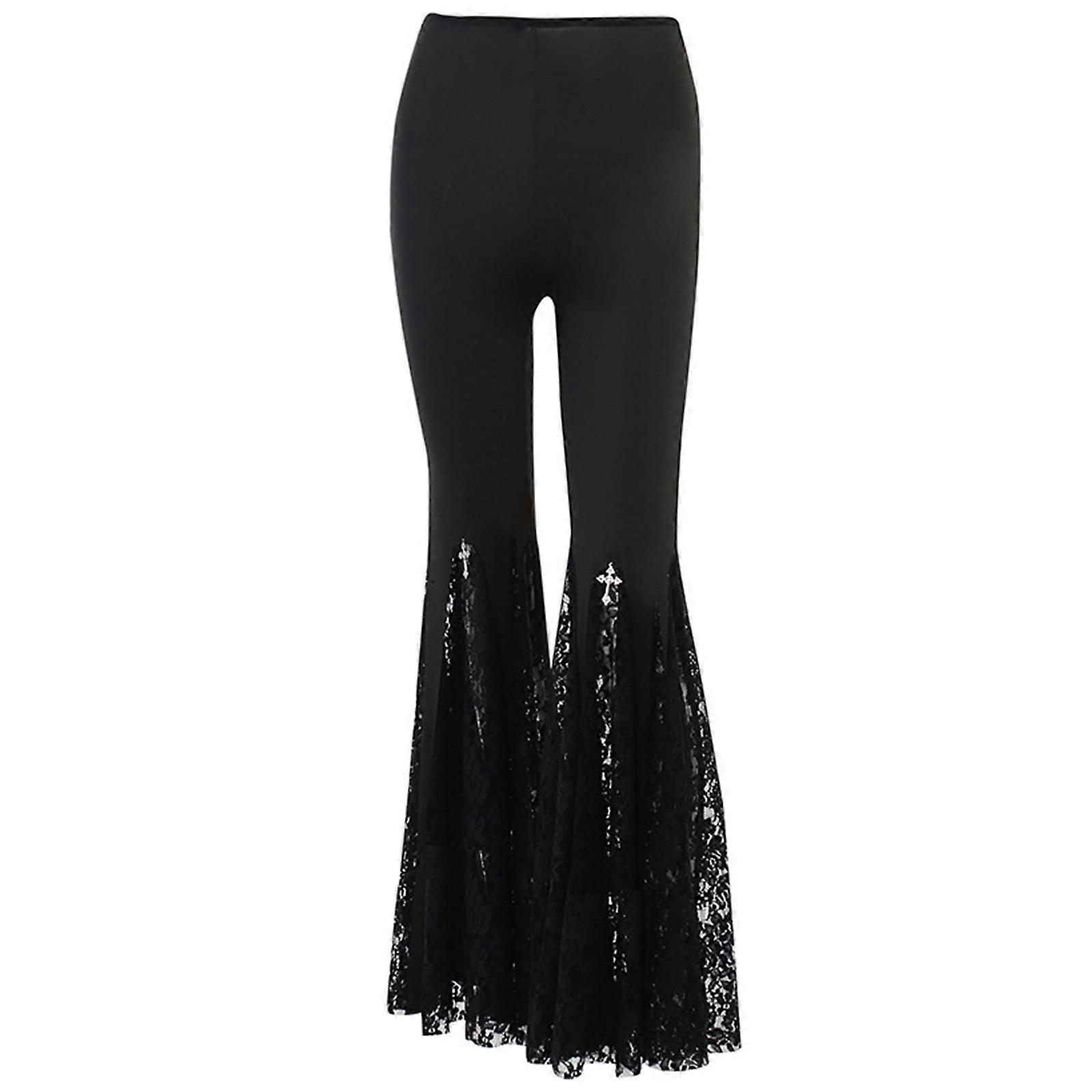 Trendy Lace Insert Flared Pants Gothic Black Style Butt Enhancing Casual Trousers for Daily Casual and Party Occasions  M