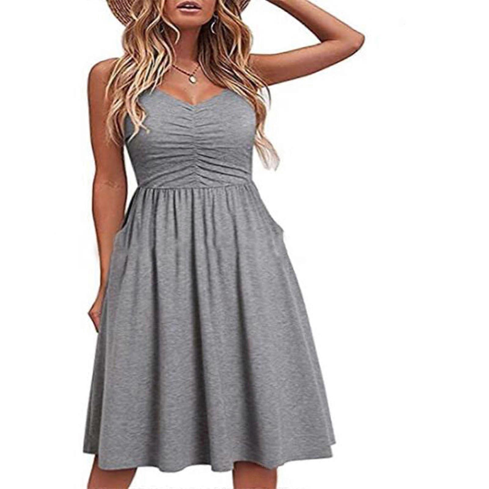 Casual Dresses for Women Sleeveless Summer-Beach Dress A-Line Spaghetti  Strap Sundresses with Pockets light grey M