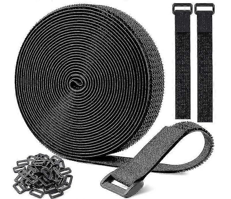 10m X 20mm Reusable Velcr Scratch Straps, Adjustable Cable Straps With 50 Plastic Buckles, Free To Cut Black Nylon Velcr Cable Ties