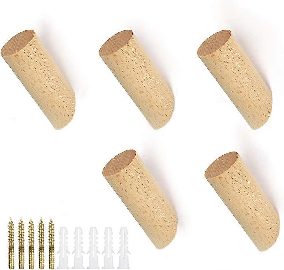 5-solid wood coat hooks-beech wood 8cm medium oblique thin hooks-screws and glue accessories