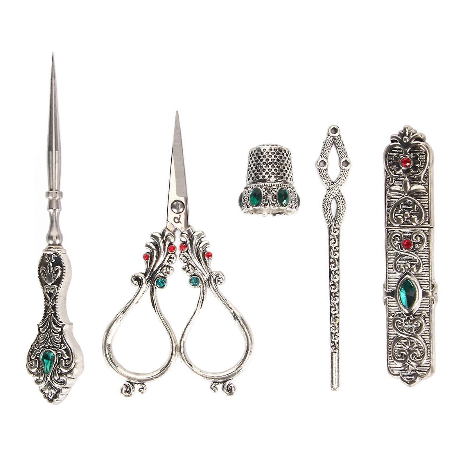 5pcs Embroidery Scissors Kit Alloy Thread Scissors Sewing Kit for Needlework Vintage Silver