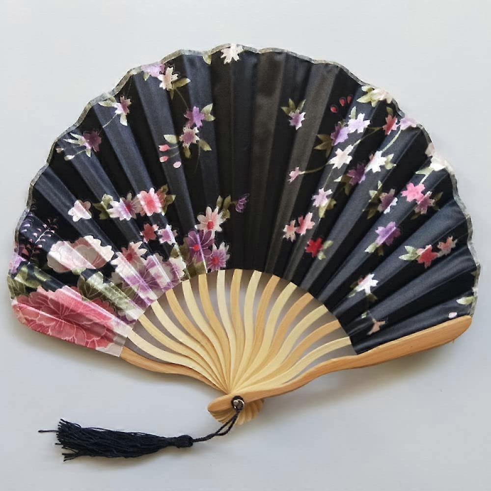 Handheld Vintage Flower Black Silk Bamboo Fan with Tassel for Chinese Wedding Gift and Decor