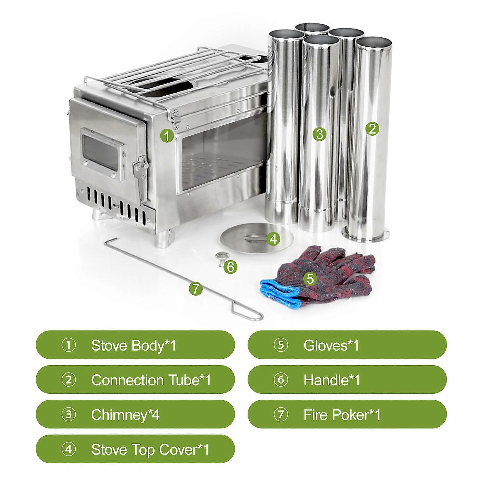 موقد خشبي محمول لخيمة التخييم مع 5 أنابيب ، 53x40x38 سم ، كربون ستيل