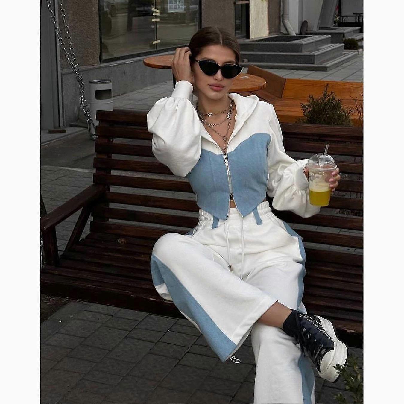 Autumn Women's Fashion Casual Denim Patchwork Hooded Top and Trousers Suit