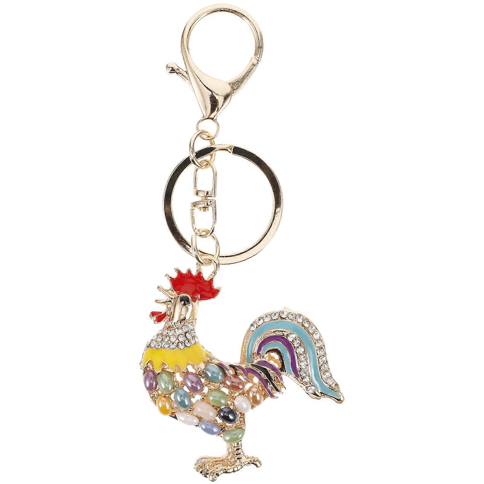 Decorative Keychain Rooster Keyring Bag Charm Multi-Colored Rhinestones 1Pcs