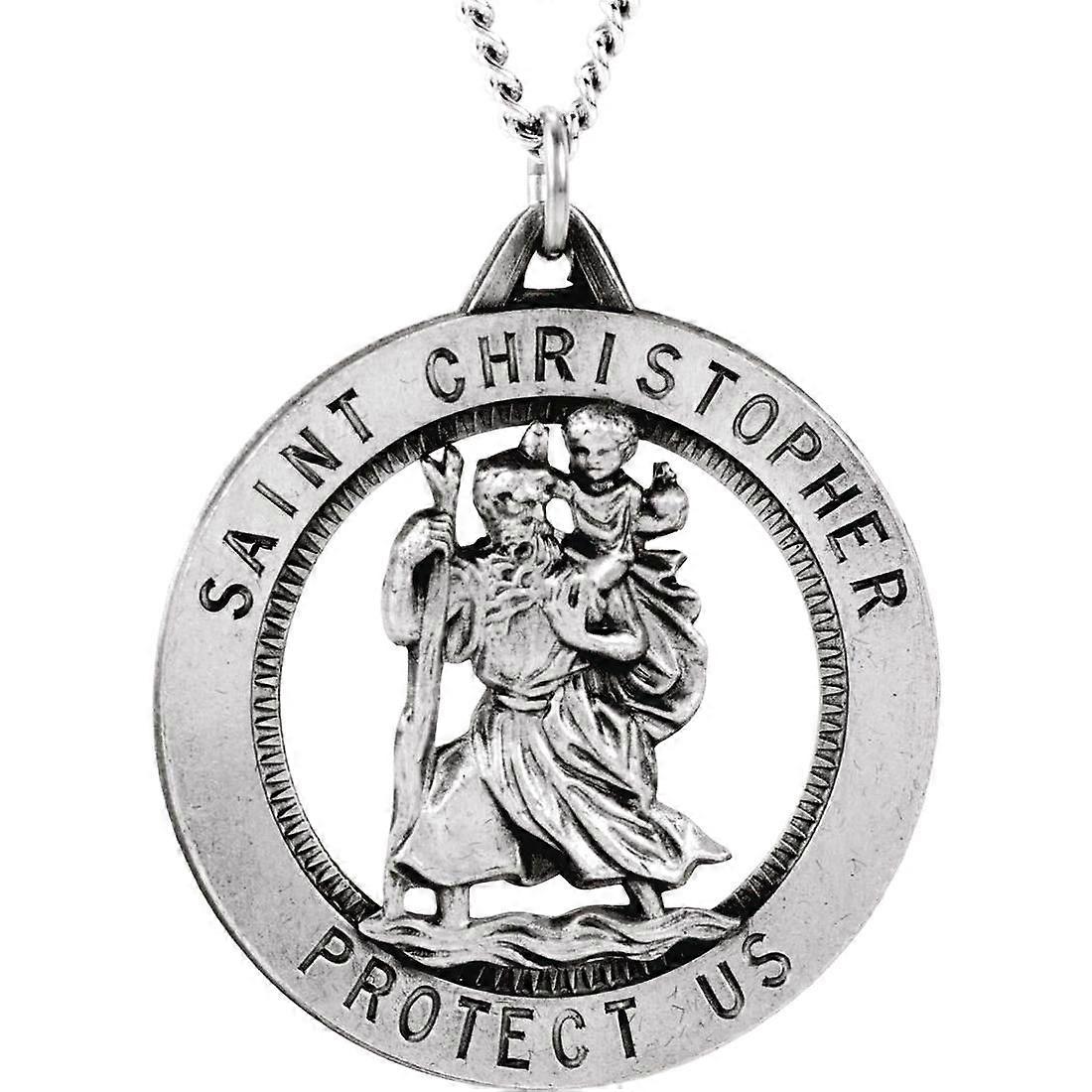 925スターリングシルバーラウンドセントクリストファーペンダントネックレスメダル32.5-女性用ペンダント - 8.8グラム