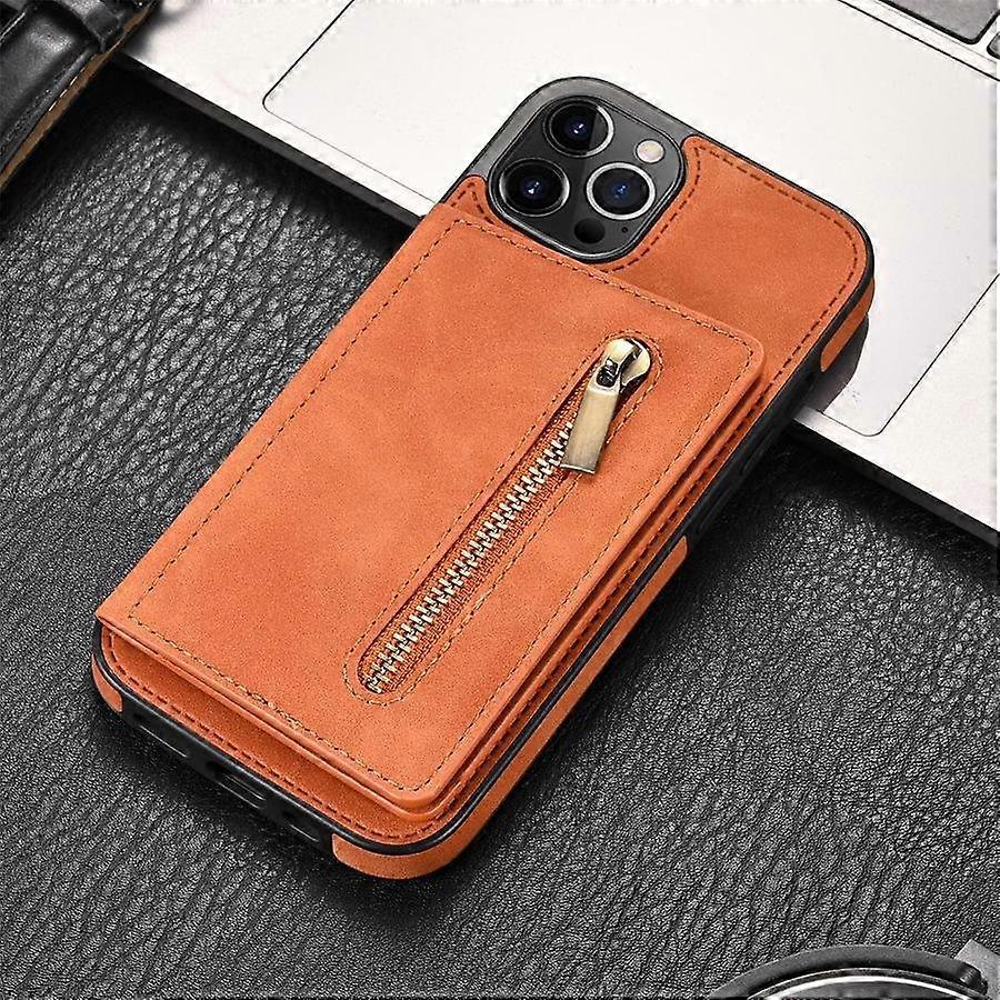 Case For Iphone 14 Pro Brown Zipper Side Card Slot Wallet Leather Double Buckle Holder No6142