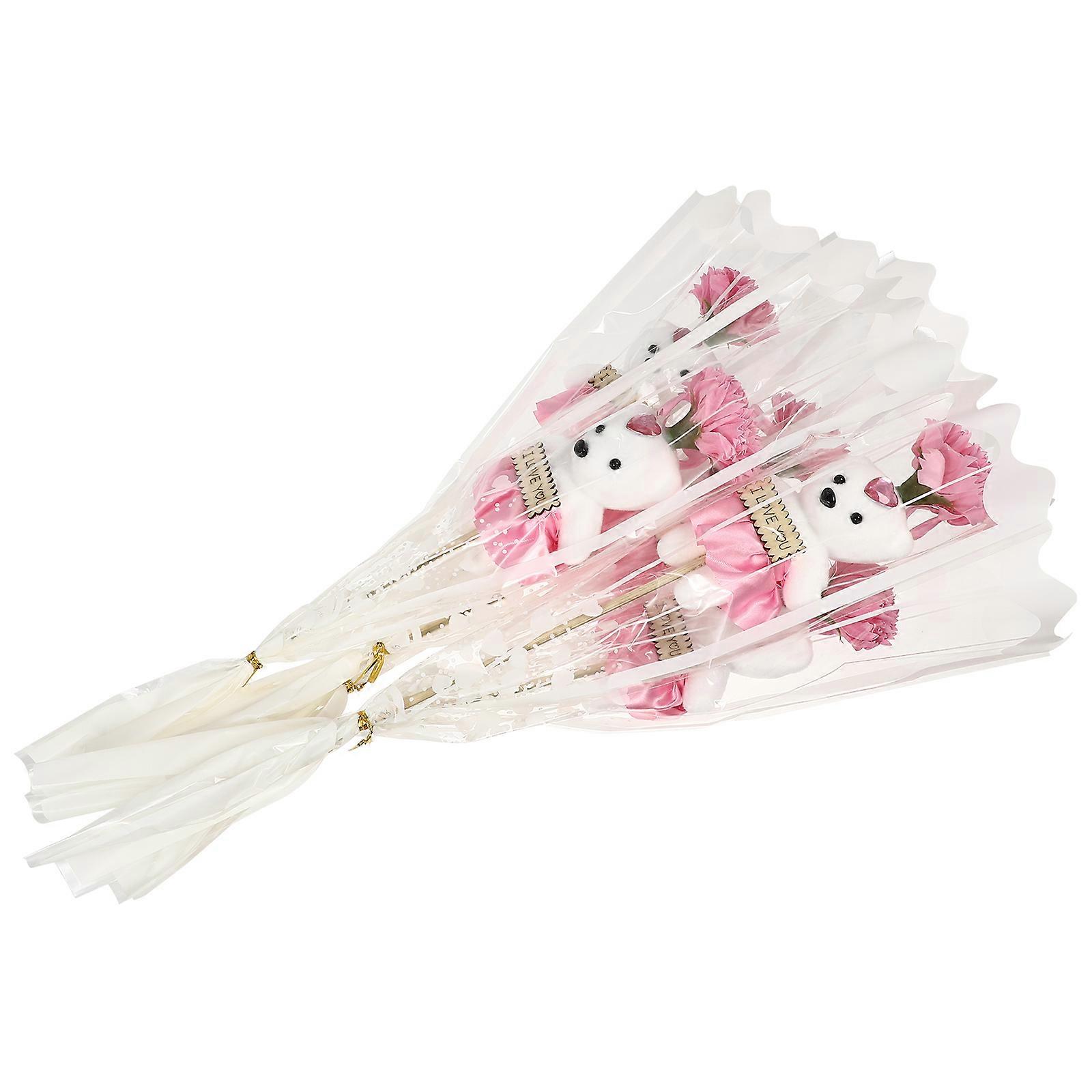 Pink Artificial Carnation Flowers Bear for Decor 5Pcs Lovely Gift Set