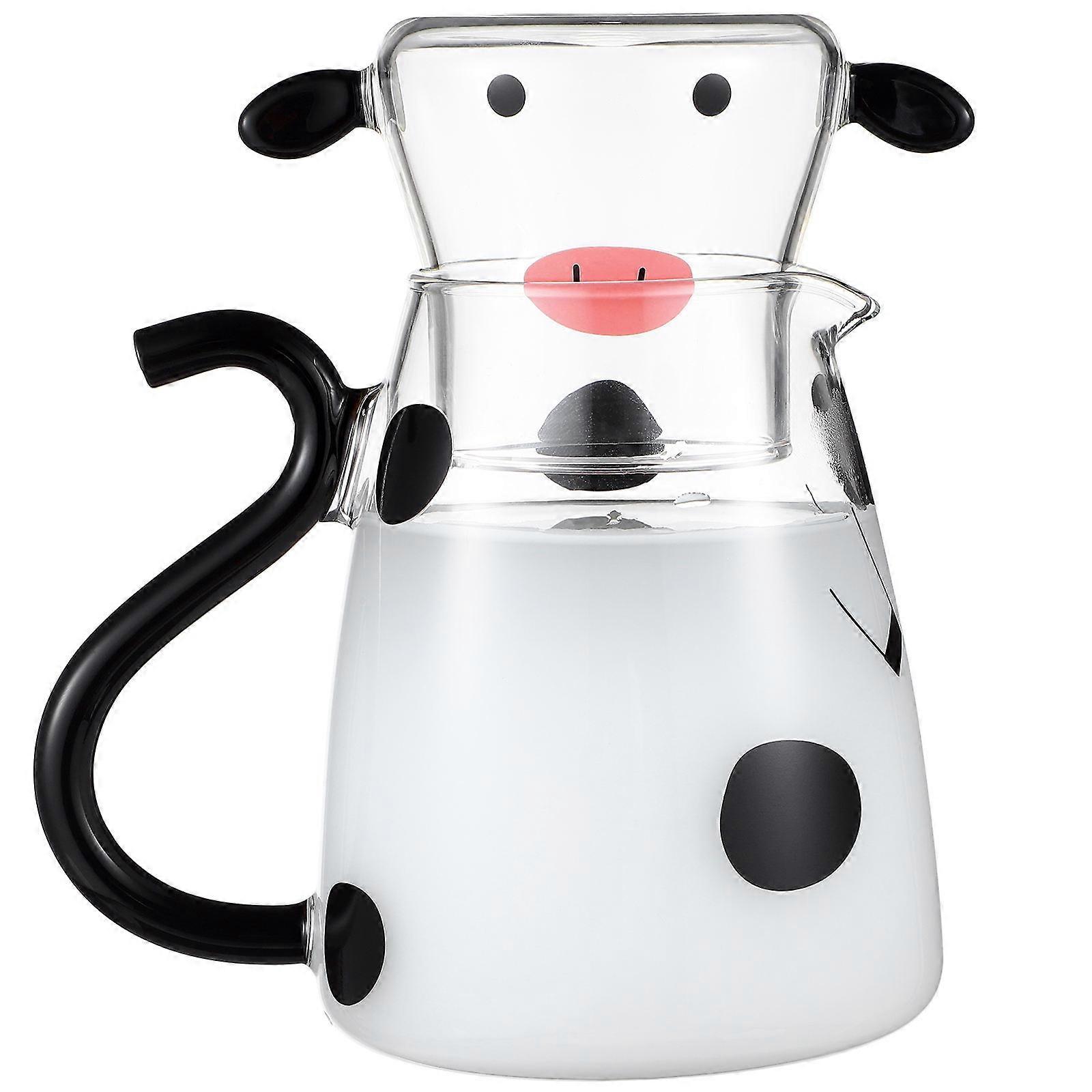 Cartoon Cow Glass Kettle Tea Pot Coffee Pot Juice Dispenser with Cup Office Use 1 Set