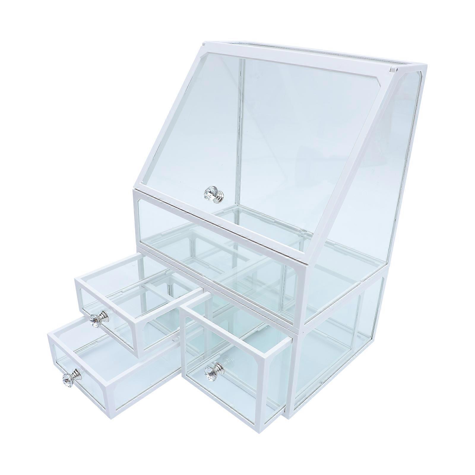 White Makeup Organizer with ABS Frame and Tempered Glass for Storage Suitable for Many Dressers 7.87"x4.72"x5.91"