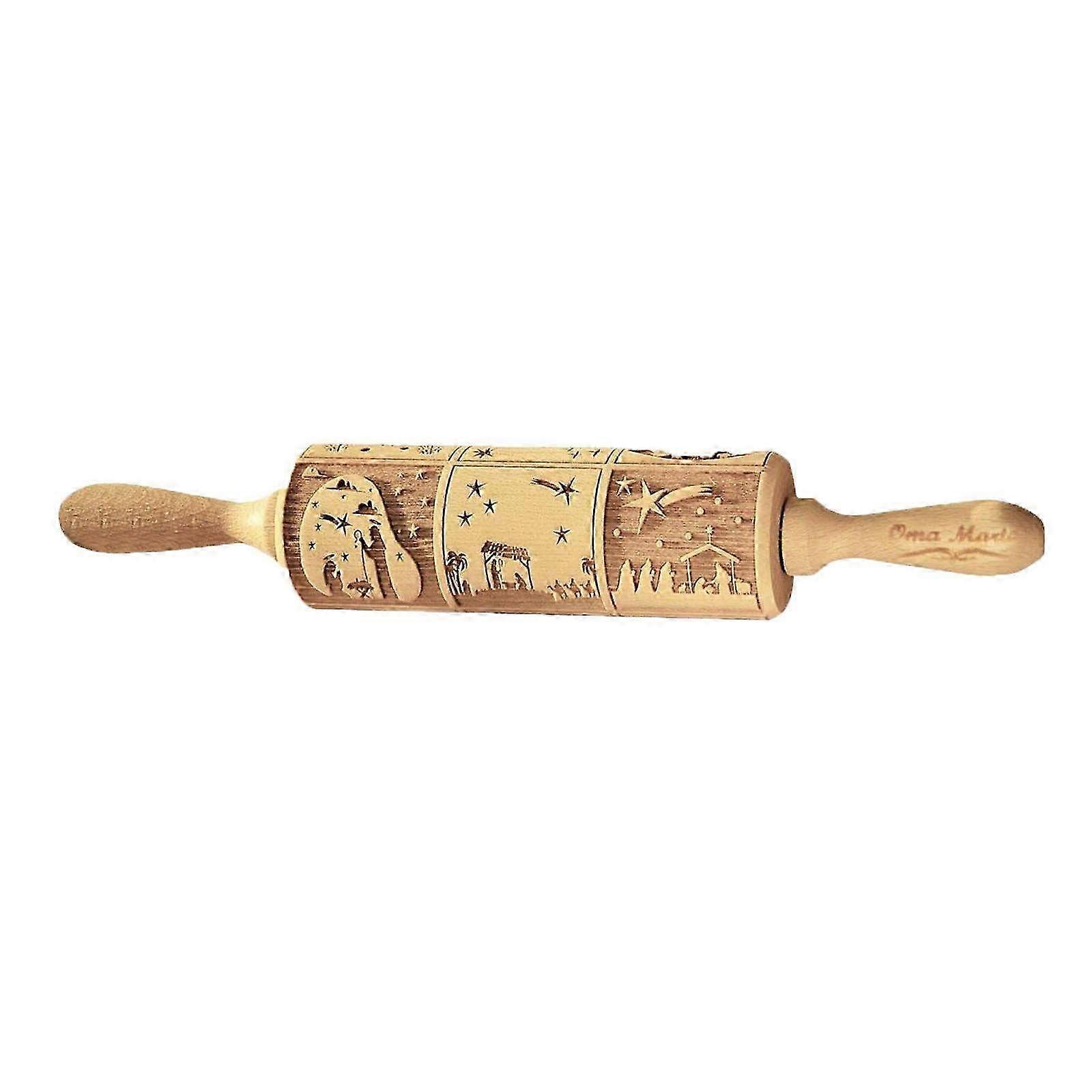 Vintage Nine-Pattern Rolling Pin for Easter Nativity Scene - Engraved Decorative Baking Tool for Holiday Treats