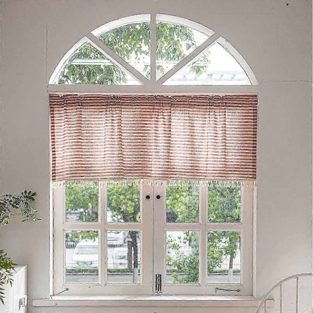 Linen Short Curtains with Tassels, Simple Striped Design, Elegant Home Decor Solution