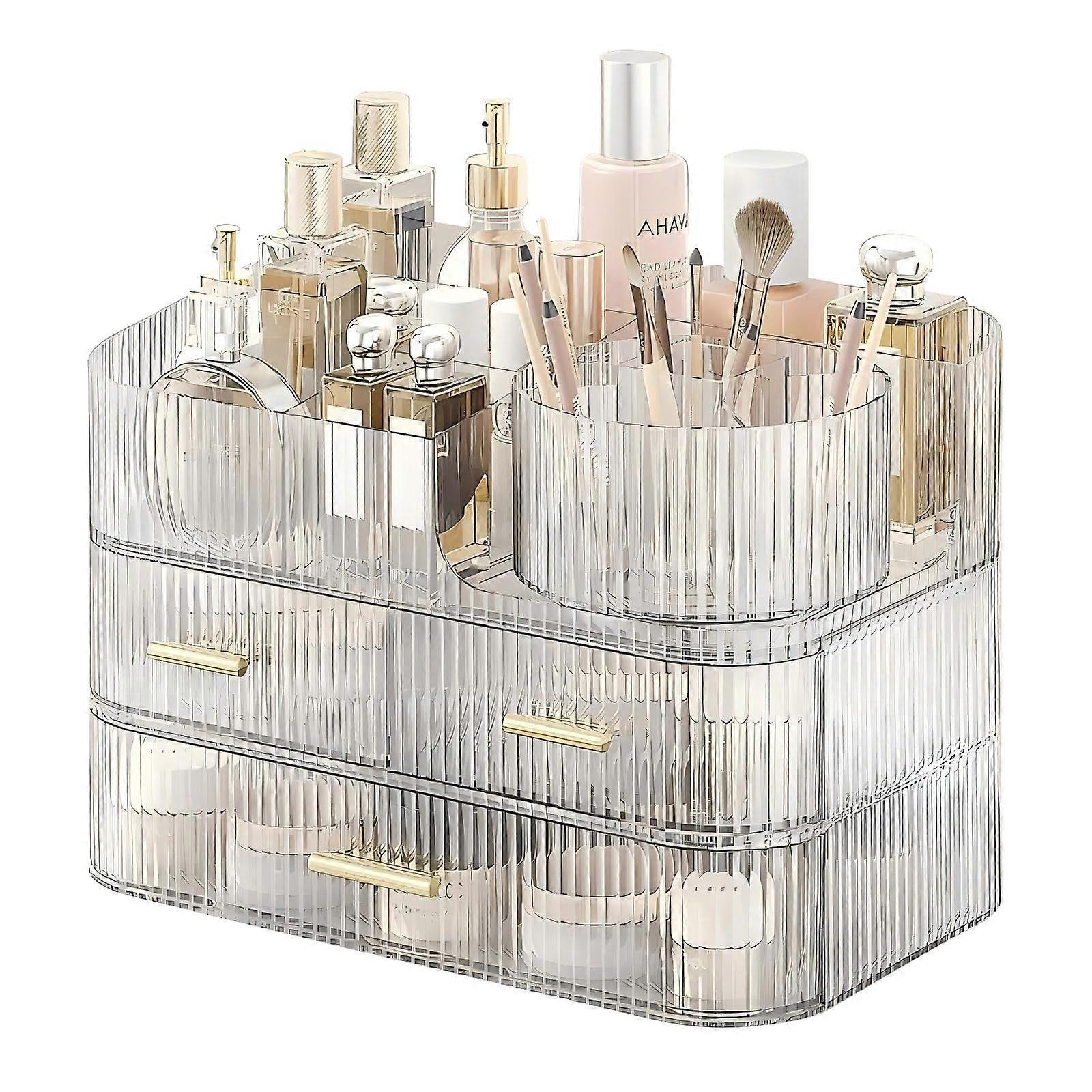 Makeup Organizer with Drawers and Rotating Brush Holder, Clear 1 Tray 3 Drawer