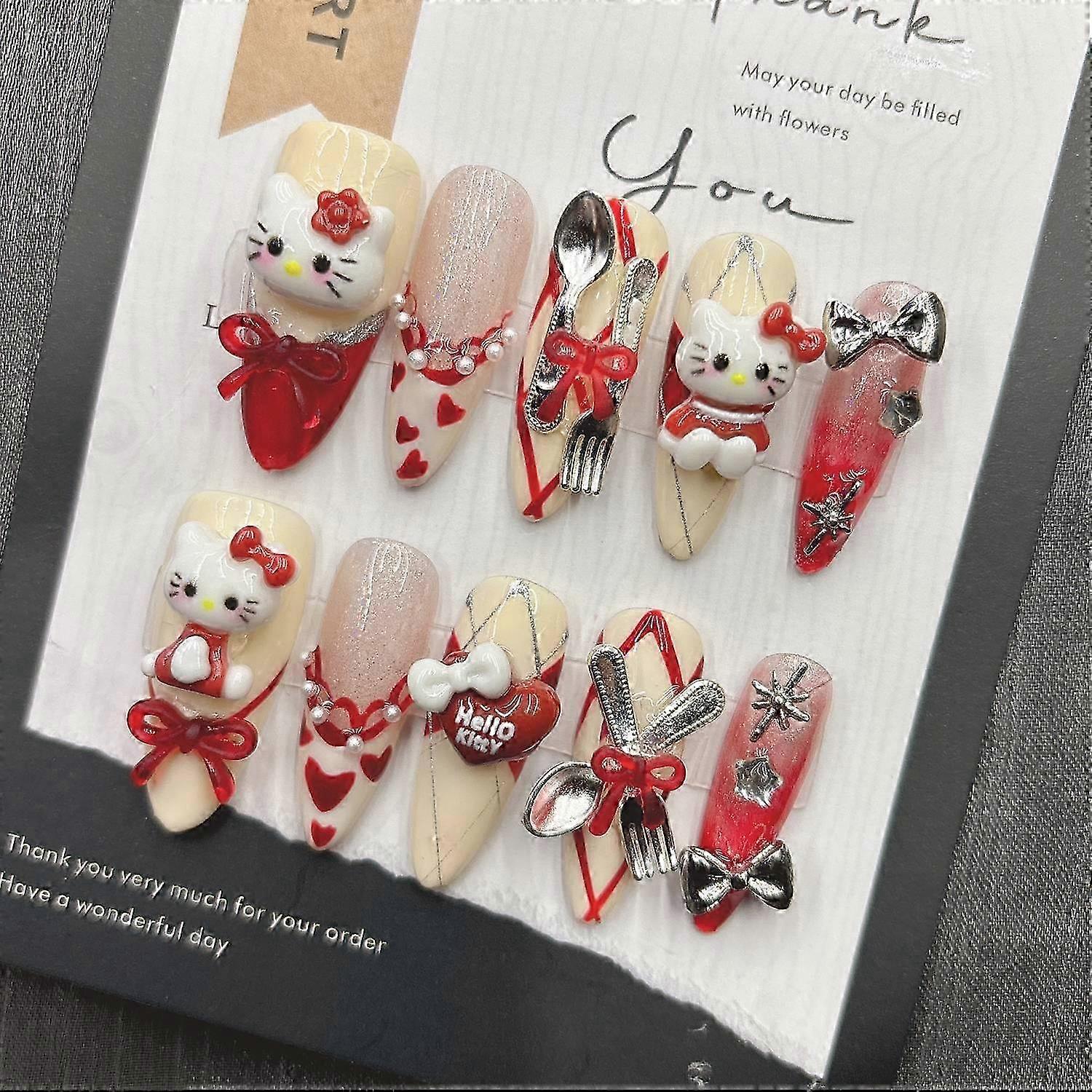 Red Kitty Cat Press on Nails Cute Handmade Manicure