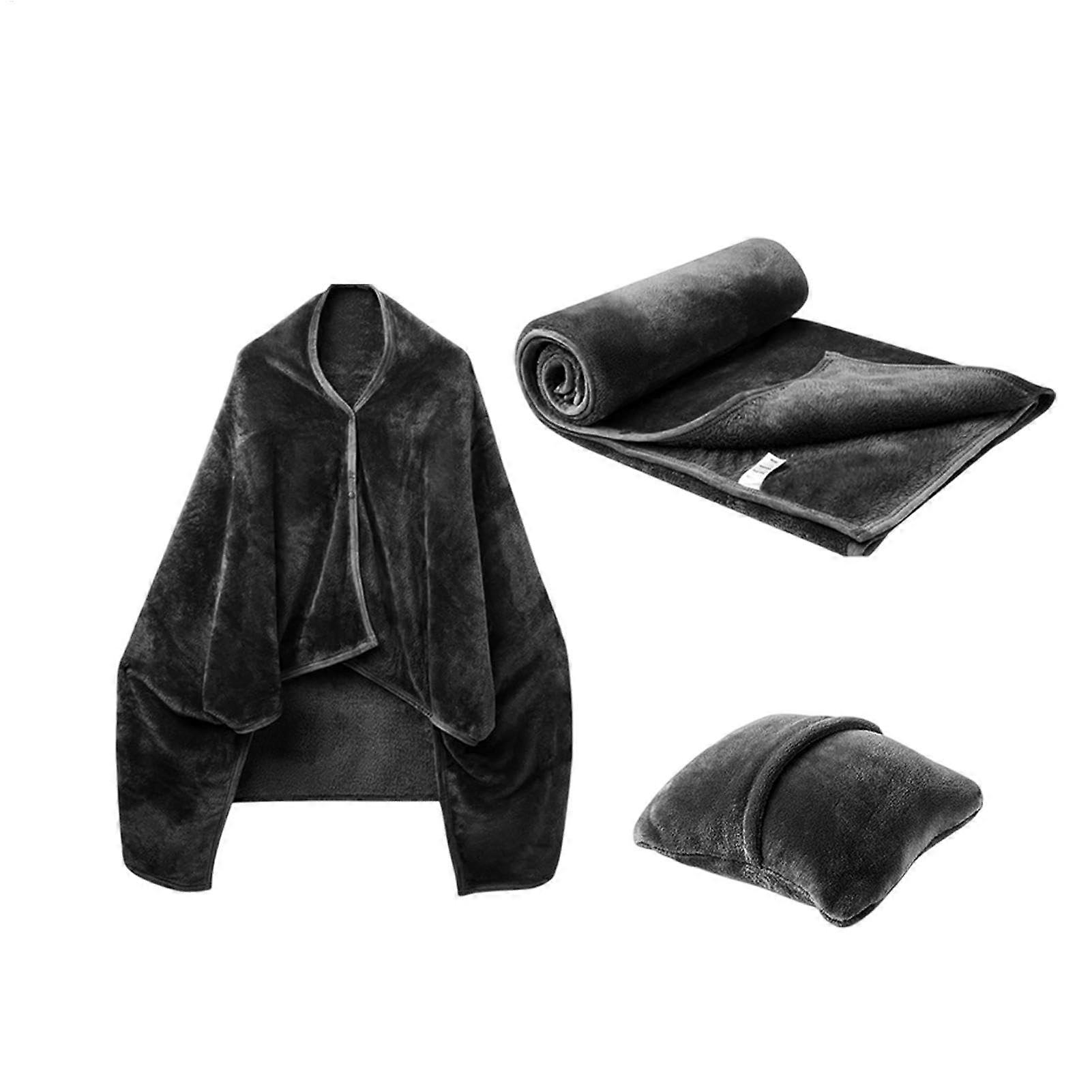 Blanket Pillow Combo Travel Airplane Pillow Blanket Set Lightweight Flannel Warm Soft Shawl Pillow For Women Black