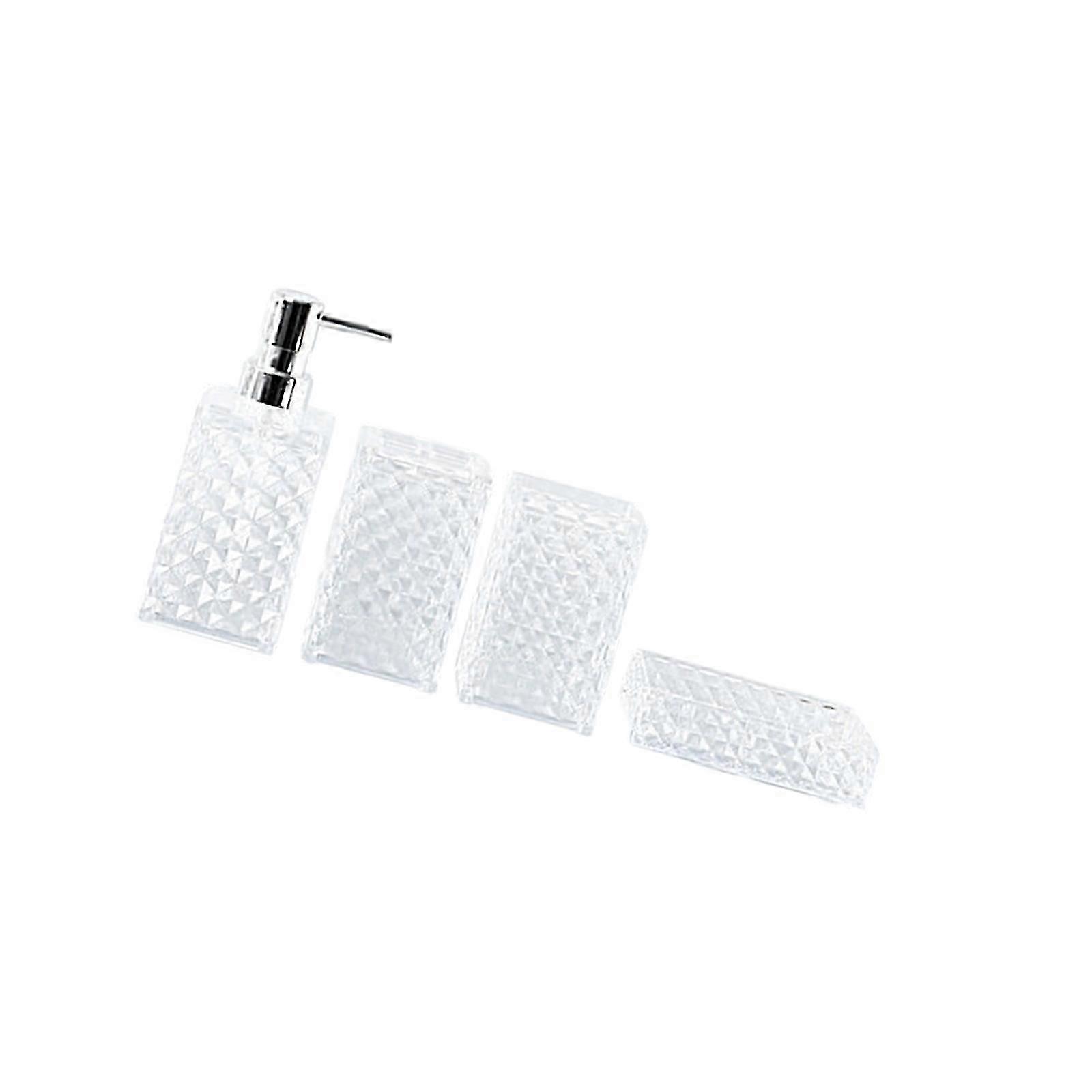Pack of 4 Transparent Diamonds Grids Lotion Bottle Toothbrush Holder Mouthwash Cup Soap Dish Bathtubs Storage Supplies White