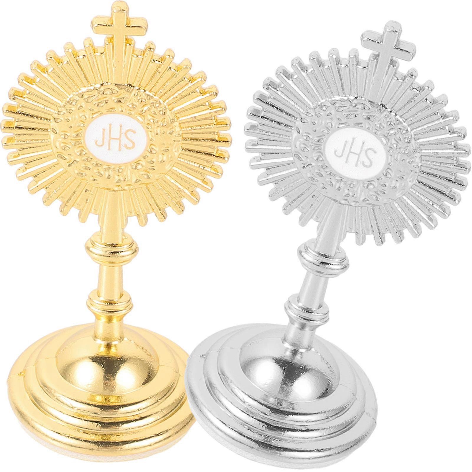 Metal Craft Table Adornment Cross Elements Statue 2Pcs for Home Decor