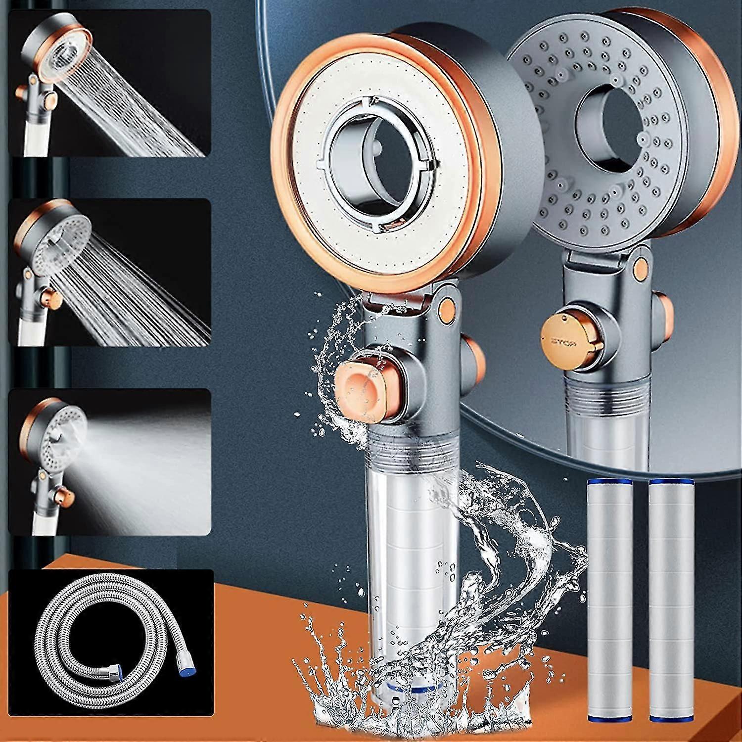 Shower Head And 1.5m Hose, Double Sided Turbo Shower Head, 3 Jet Types With 2 Filtration Systems, 50% Water Saving, Pressure Boost, Shower Head Set