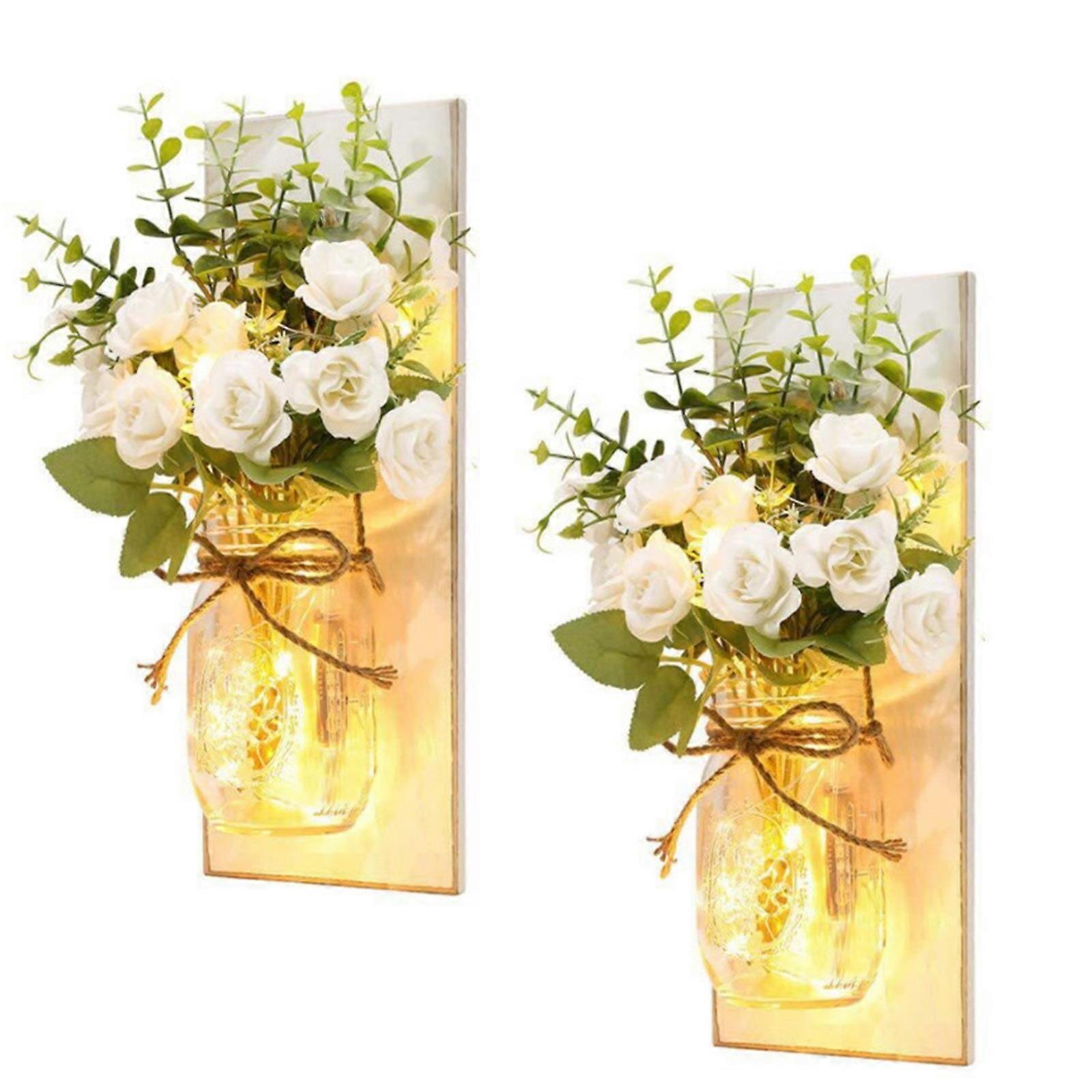 WRXMIJNHGSA Artificial Flower Retro Wood Mason Jar Wall Lamp Simulation Flower Peony Rose Send Remote Control