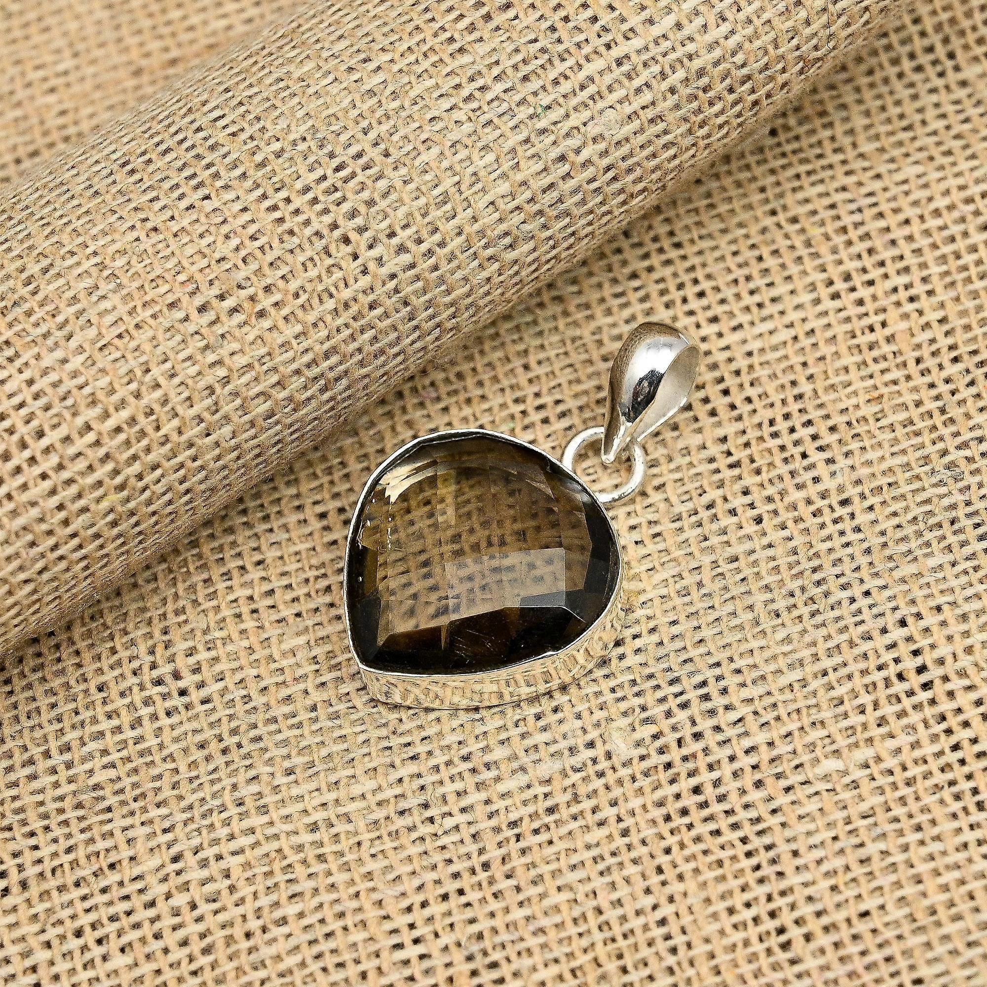 Hjerteformet røyktopas edelsten håndlaget 925 solid sterlingsølv smykker for kvinner