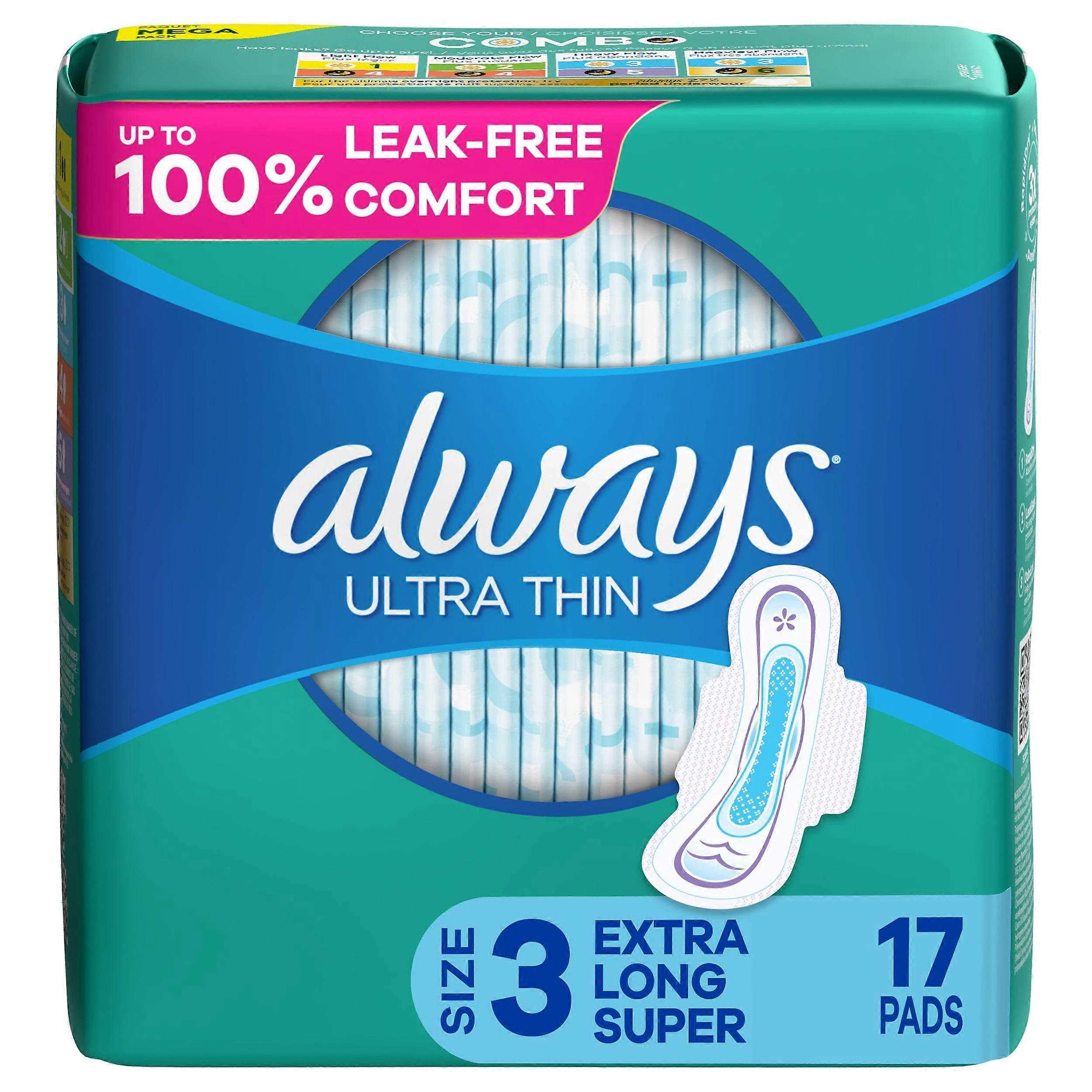 Always Ultra Thin Pads Pack, Extra Long Super Daytime Absorbency With Wings, Size 3, 17 Ea