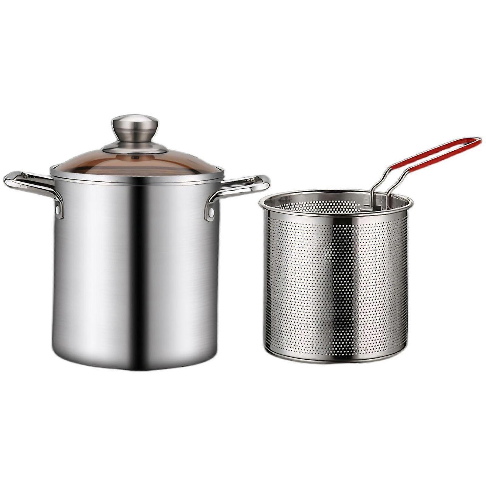 Stainless Steel Deep Fryer Pot with Basket and Glass Lid for Frying and Boiling Style B