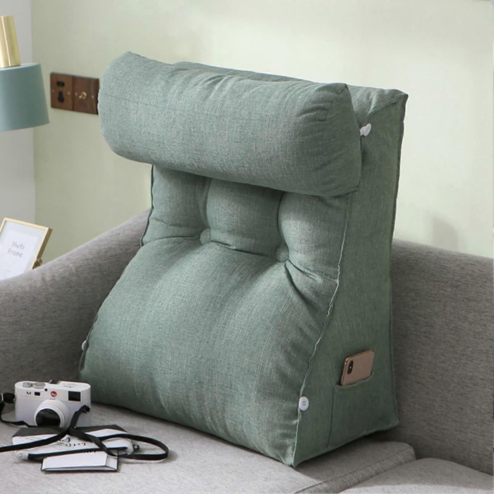 Reading Pillow with Neck and Lumbar Support, Ergonomic ThreePoint Backrest, Side Pockets, Linen Fabric
