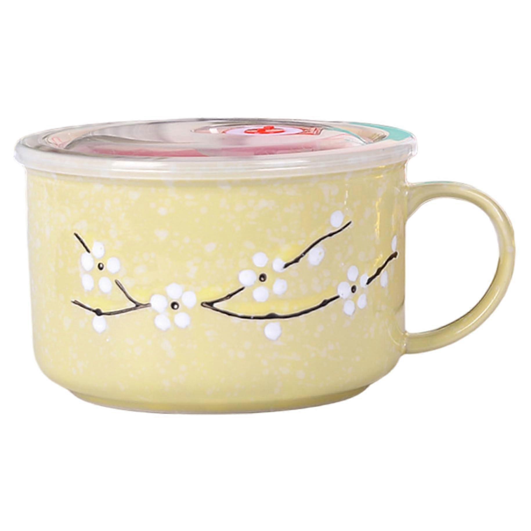 Microwaveable Ceramic Soup Mug with Handle and Lid, 800ml HeatResistant Ramen Bowl