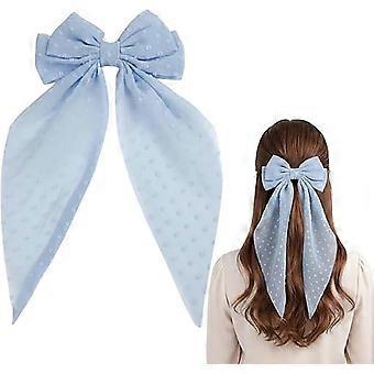 Elegant Long Hair Bow for Women and Girls: Light Blue Polka Dot Hairpins with Loose Tails, Premium Accessories for School, Parties, Weddings and Every