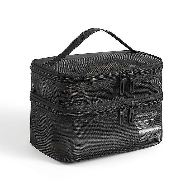 Double Layer Vertical Mesh Travel Makeup Bag - Large Capacity Double Zipper Cosmetic Pouch, Multifunctional Toiletry Organizer for Makeup Brushes, Toi