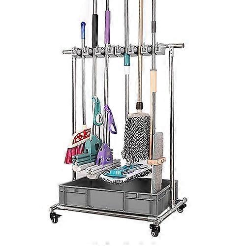Broom and Mop Holder Rolling Cleaning Tool Cart with 6 Spring Clips 8 Hooks and Lockable Wheels
