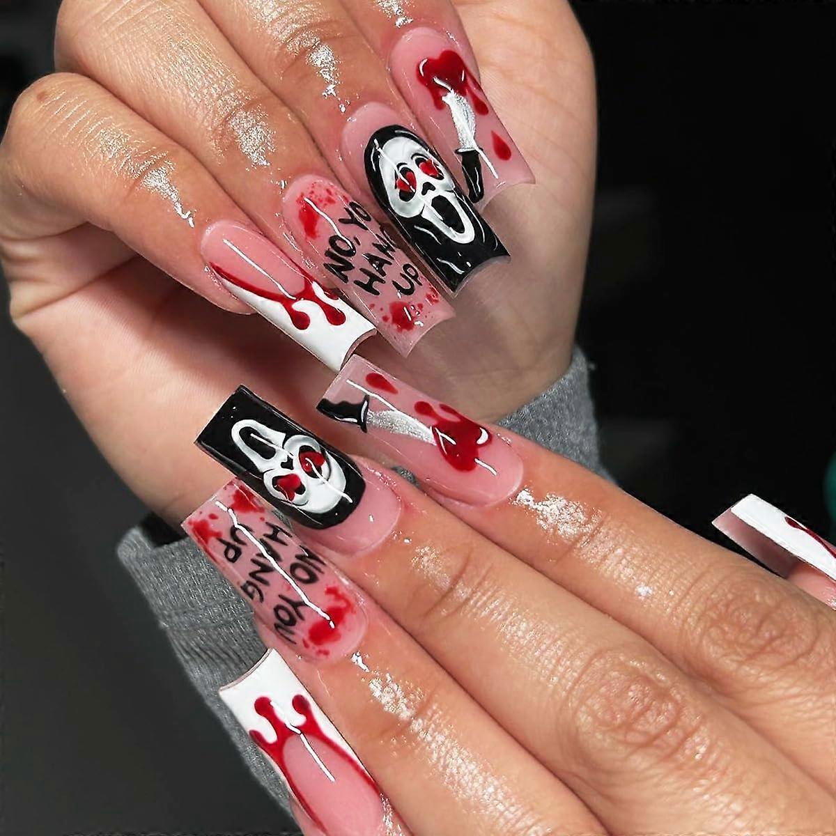 Halloween Ghost Press On Nails Medium Length Acrylic Nail Tips Scary Design Reusable 24pcs