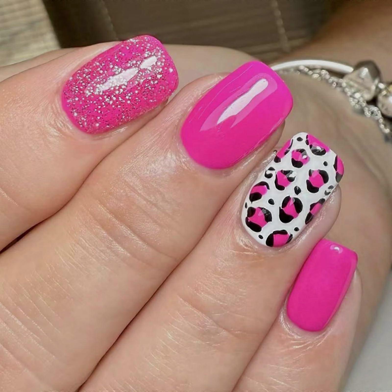 Hot Pink Leopard Print Press On Nails Set, 24pcs Short Square Reusable Acrylic False Nails