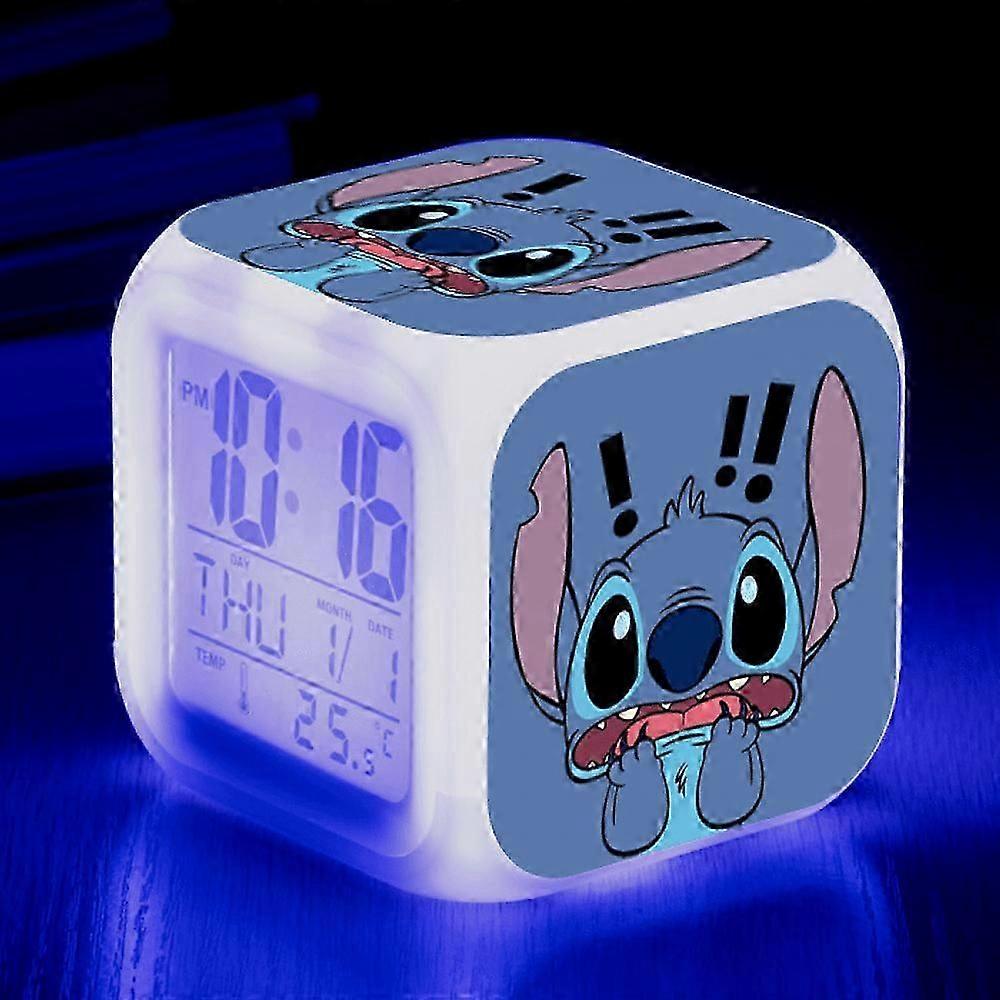 HANNTAOO Digital Alarm Clock for Kids, Cartoon Stitch 7 Color LED Wake-Up Light with Thermometer & Night Light, Gift for Boys Girls