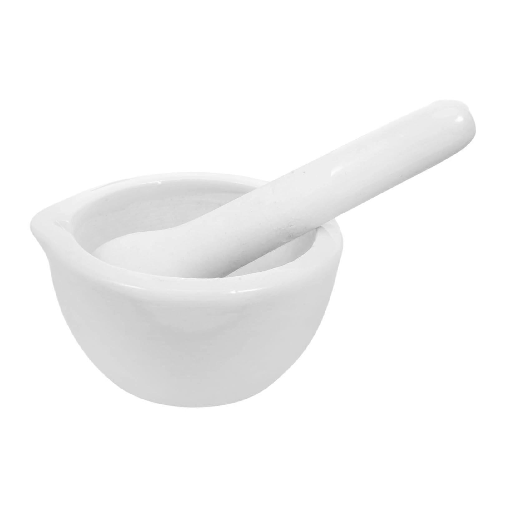 Solid Enamel Mortar and Pestle with Curved Grinding Rod AntiSputtering Cover for Lab Use White