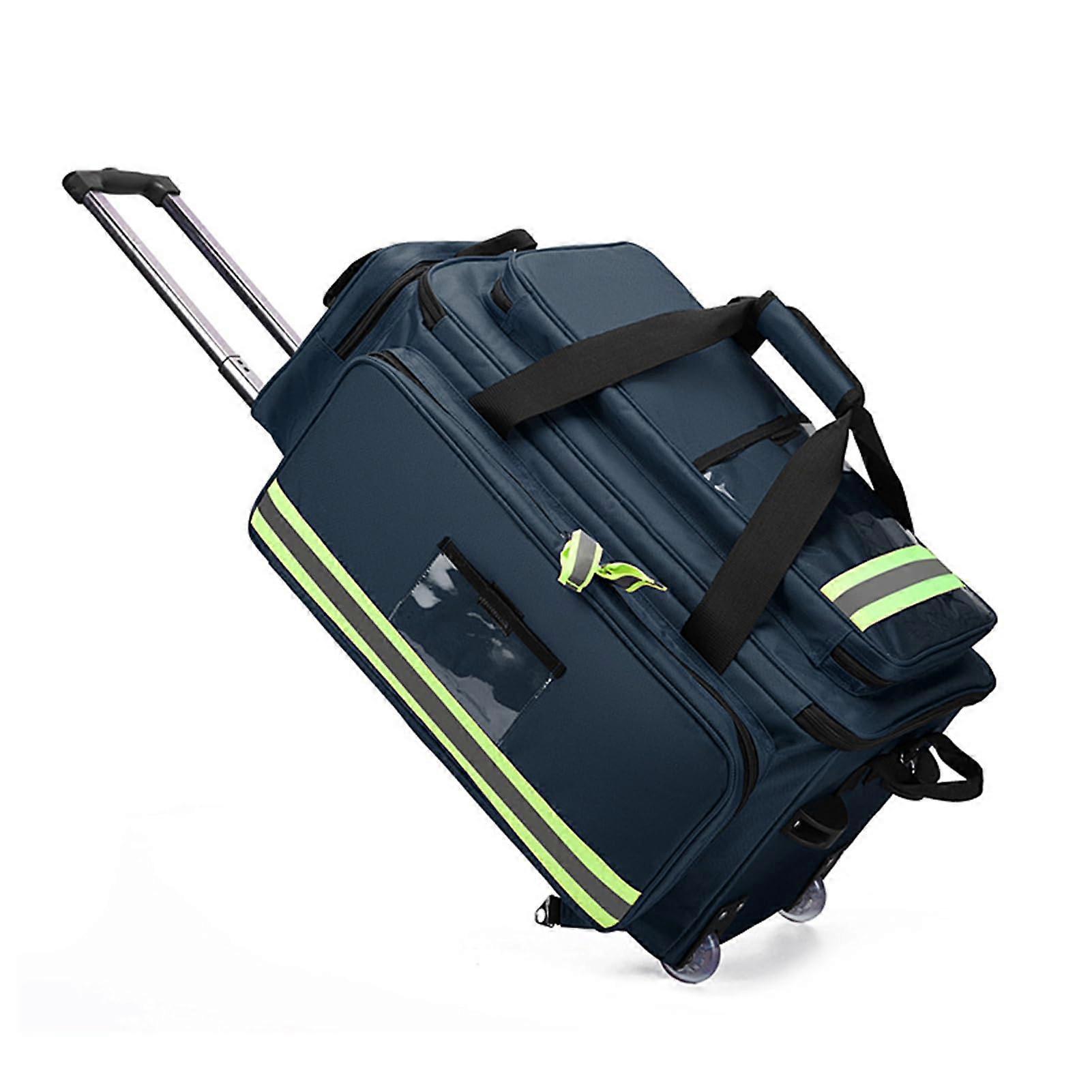 Large Capacity First Aid Bag with Wheels, Reflective Emergency Medical Backpack, Blue