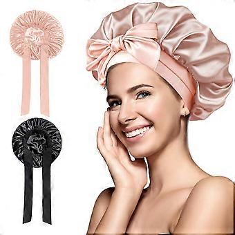 2er-Pack Seiden-Schlafhauben zum Schutz der Haare, Satin-Schlafkappe mit verstellbarer Passform, Schwarz und Rosa