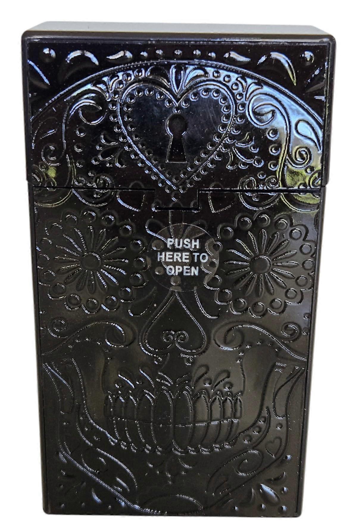 Black Embossed Candy Skull Cigarette Case 100s Size with SpringLoaded PushtoOpen Closure