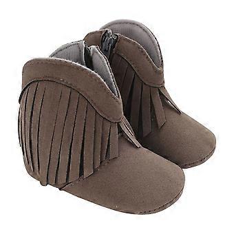 Bottes de cowboy à pompons pour bébés filles, mocassins à fermeture éclair latérale, semelle souple antidérapante, chaussures pour tout-petits, grises, 18-24 mois