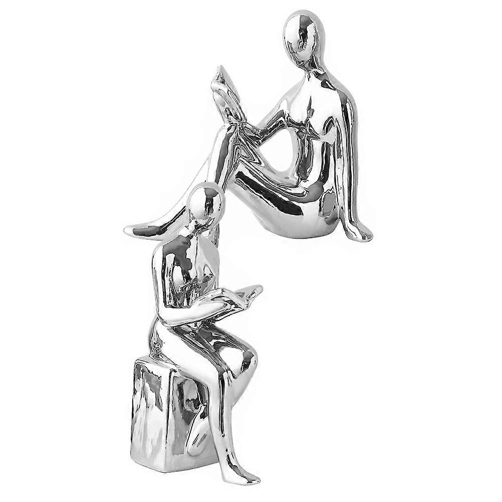 Ceramic Reading Statue Reader Decoration for Decor 1Pair Silver Book Figurines