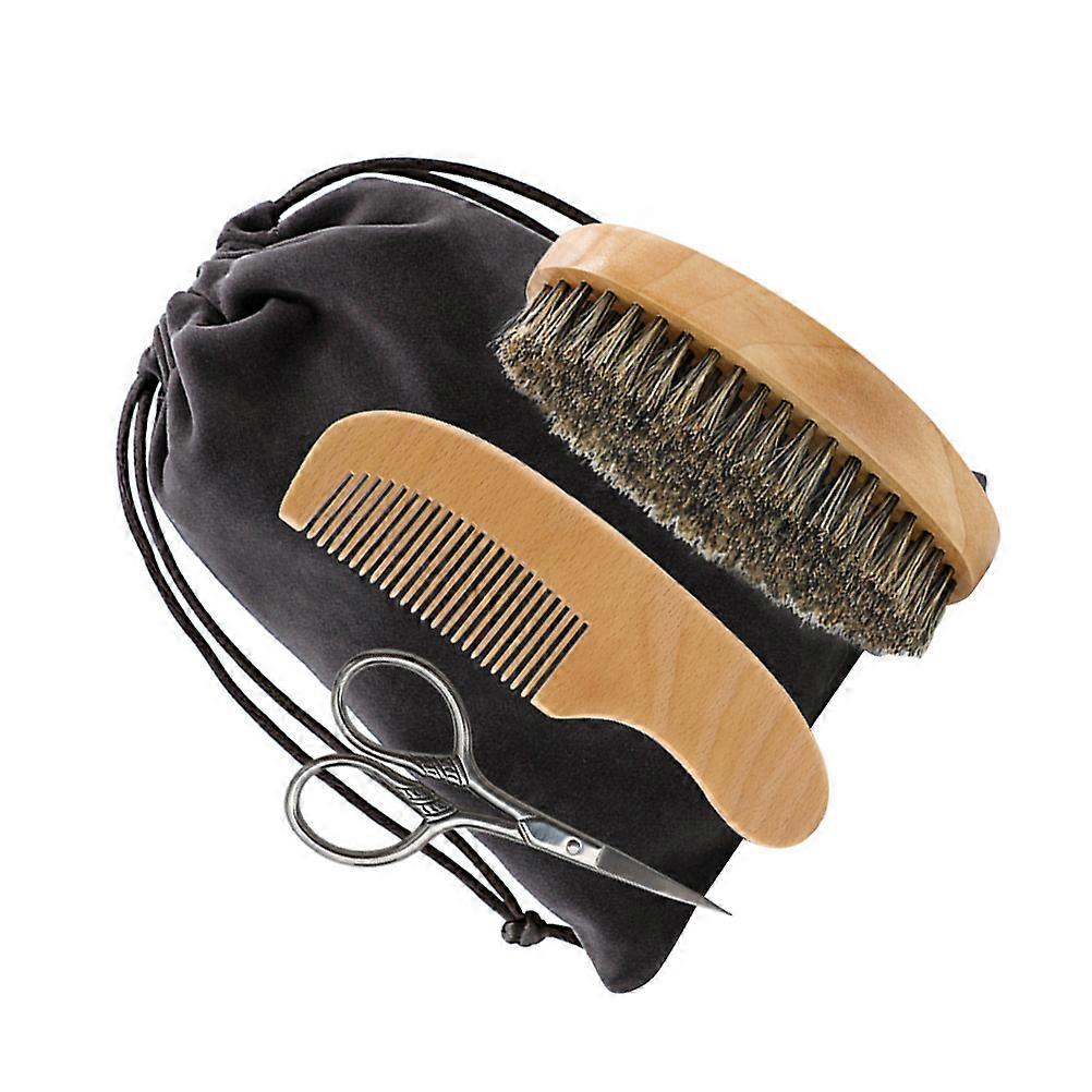 Beard Styling Set Wood Beard Scissors Comb Brush Caring Tools 1Set