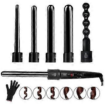 6 In 1 Curling Iron Wand Set With 6 Interchangeable Ceramic Barrels And Heat Protective Glove (black-6in1) A