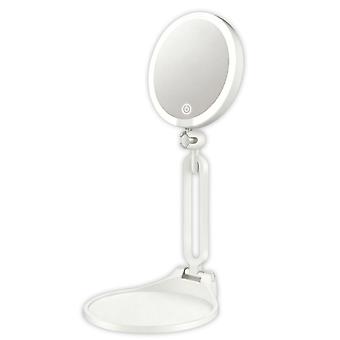 Travel Makeup Mirror Rechargeable LED, Double-Sided Lighted Mirror with Folding Stand and Storage Tray Base Design  White
