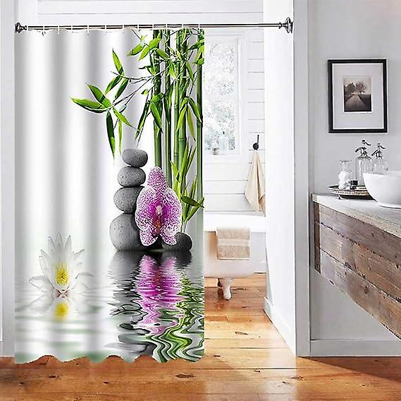 Meditation Shower Curtain Waterlily Flower Blossom Zen Stones Bamboo