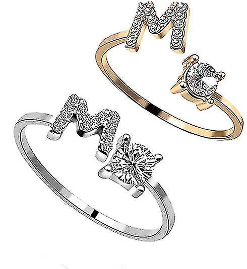 Bague pour femme en métal argenté et doré, ajustable, avec initiales et nom.